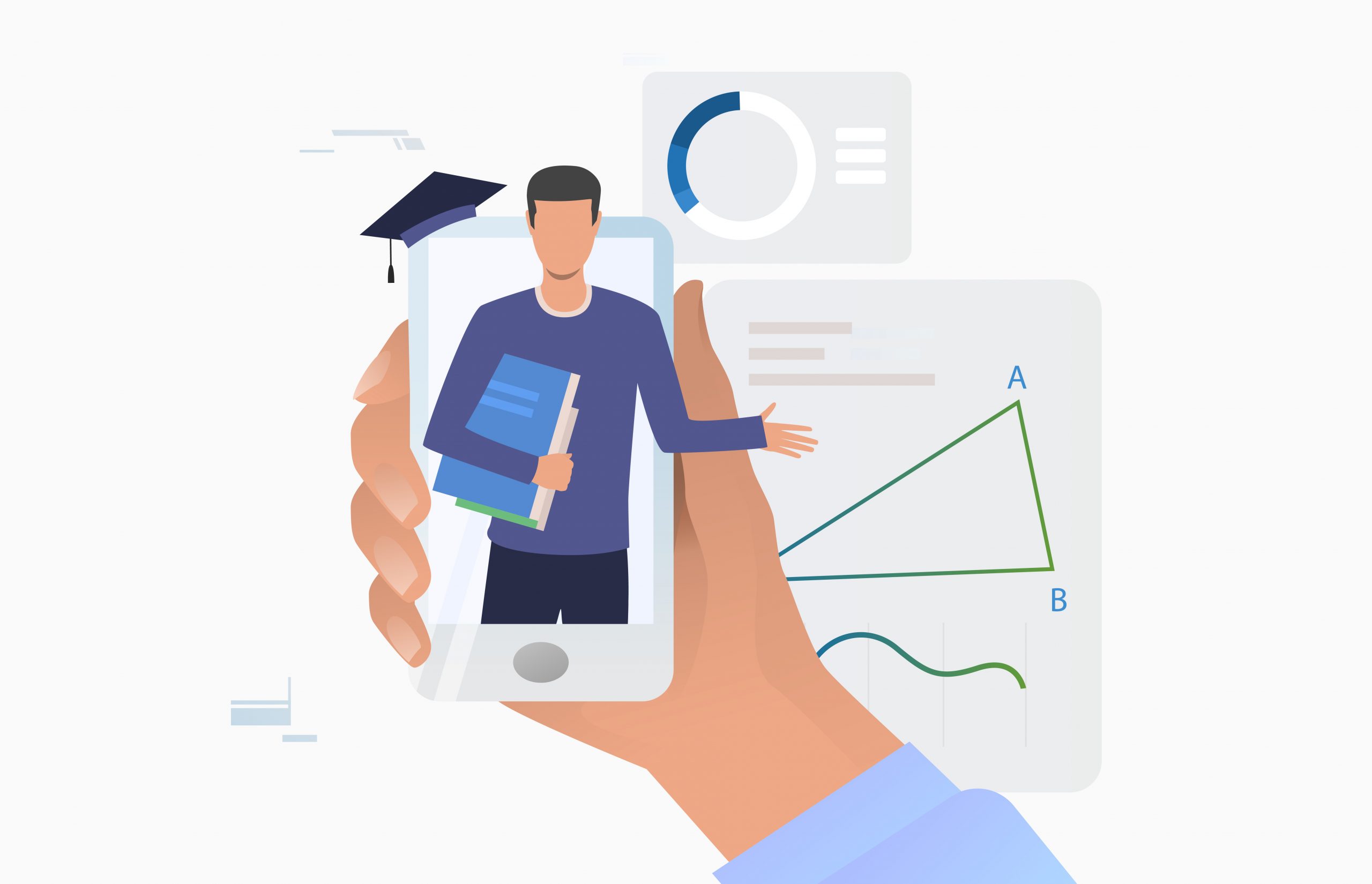 Hand holding smartphone with tutor on screen. Application, service, study concept. Vector illustration can be used for topics like knowledge, education, online course
